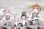  4girls arare_(kantai_collection) arm_warmers bike_shorts black_hair brown_eyes brown_hair dress_shirt gloves grey_hair hair_ornament hair_ribbon hat kagerou_(kantai_collection) kantai_collection kasumi_(kantai_collection) long_hair multiple_girls ooyama_imo pink_hair pleated_skirt ponytail ribbon school_uniform shiranui_(kantai_collection) shirt short_hair side_ponytail silver_hair skirt smile suspenders twintails vest violet_eyes yellow_eyes 