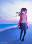  1girl beach blue_eyes brown_hair collar command_spell contrapposto fate/stay_night fate_(series) footprints highres jacket long_hair looking_at_viewer magicians_(zhkahogigzkh) pantyhose skirt solo tohsaka_rin toosaka_rin twintails vest walking 