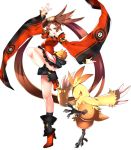 1girl boots breasts brown_eyes brown_hair combusken crossover guilty_gear hair_ring high_heels highres kuradoberi_jam leg_lift legs makai pokemon pokemon_(creature) pose simple_background skirt thighs twintails white_background