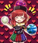  1girl blush chain closed_eyes clothes_writing collar earth hat heart heart_background hecatia_lapislazuli moon off_shoulder open_mouth pote_(ptkan) redhead shirt skirt smile solo touhou 