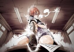  1girl crazy_eyes english foreshortening gun handgun highres m1911 orange_hair original red_eyes school_uniform skirt solo steaming_body sweatdrop thighs weapon 