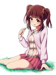  1girl absurdres arm_support blush brown_eyes brown_hair clover four-leaf_clover grass highres idolmaster idolmaster_cinderella_girls ogata_chieri rariemonn sitting smile solo twintails 