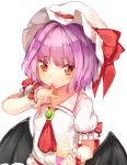  1girl ascot bat_wings blush food hat hat_ribbon ice_cream lavender_hair licking looking_at_viewer mob_cap puffy_sleeves red_eyes remilia_scarlet ribbon sash short_hair short_sleeves simple_background solo tongue tongue_out touhou upper_body white_background wings wrist_cuffs yukizumi_remon 