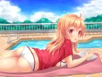  1girl bikini brown_hair fast-runner-2024 highres lying on_stomach original poolside red_eyes swimsuit t-shirt 