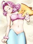  &gt;_&lt; 1girl ahoge bandeau beach blush breast_press breasts closed_eyes coast densetsu_no_stafy drill_hair lying mermaid monster_girl navel on_back pink_hair sea_star sleeping solo starfy tamatama_(nekokalpis) 