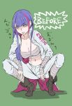  1girl bandages before_and_after bousouzoku breasts cleavage clenched_teeth collarbone delinquent fate/grand_order fate_(series) green_eyes highlights jacket midriff multicolored_hair navel pants purple_hair saint_martha sarashi solo squatting translated utu_(ldnsft) 