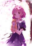  1girl animal cherry_blossoms gakkou_gurashi! highres pink_hair sakura_megumi short_hair shouin taroumaru_(gakkou_gurashi) 