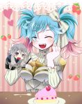  1boy 1girl armor blue_hair blush boots bow cake chibi closed_eyes fire_emblem fire_emblem_if food fruit gloves grey_hair hair_over_one_eye hairband lazward_(fire_emblem_if) multicolored_hair open_mouth pieri_(fire_emblem_if) pink_hair shira_yu_ki strawberry twintails two-tone_hair violet_eyes 