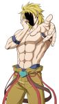  1boy abs armband blonde_hair cowboy_shot dio_brando hand_on_own_face jojo_no_kimyou_na_bouken jojo_pose muscle pointing pointing_at_viewer shaded_face shian_(wanderer-1003) shirtless solo 
