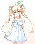  1girl bare_shoulders blonde_hair blush dress flower frills green_eyes hair_flower hair_ornament long_hair looking_at_viewer on_head original skirt_hold smile tiphereth twintails white_dress 
