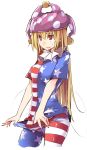  1girl american_flag_legwear american_flag_shirt blonde_hair clownpiece fairy_wings hat jester_cap kamukamu_(ars) long_hair looking_away looking_up open_mouth pantyhose pantyhose_pull print_legwear red_eyes shirt short_sleeves simple_background smile solo star striped sweatdrop touhou white_background wings 