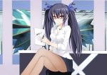  1girl black_hair black_skirt choujigen_game_neptune dated glasses hair_ribbon highres jewelry looking_at_viewer mimelex necklace neptune_(series) noire pantyhose paper pen red-framed_glasses red_eyes ribbon shirt signature sitting skirt twintails white_shirt 