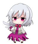  1girl bow bowtie chibi dress jacket kishin_sagume long_sleeves open_clothes open_mouth purple_dress shiohachi shirt short_hair silver_hair simple_background single_wing solo touhou violet_eyes white_background wings yin_yang 