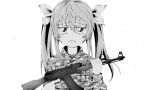  1girl :&lt; ak-47 assault_rifle crying gun hair_ribbon long_hair military military_uniform miyauchi_renge non_non_biyori ribbon rifle solo tears twintails uniform upper_body weapon 