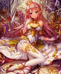  1girl ankle_ribbon armor armored_dress bangs bare_shoulders breasts cleavage cleavage_cutout cross-laced_footwear crown detached_sleeves dress gloves hairband lm7_(op-center) long_hair looking_at_viewer outdoors pink_hair pointy_ears shingeki_no_bahamut sitting smile solo swept_bangs thigh-highs violet_eyes white_dress white_gloves white_legwear yokozuwari 