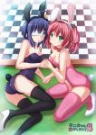  2girls :3 :o animal_ears bowtie breasts bunny_tail bunnysuit checkered checkered_floor chuunibyou_demo_koi_ga_shitai! cleavage collar eyepatch fake_animal_ears green_eyes hair_ornament highres holding_hands interlocked_fingers kazenokaze multiple_girls on_table pink_hair rabbit_ears shichimiya_satone shoes table tail takanashi_rikka thigh-highs 