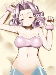  1girl ahoge bandeau beach blush breasts cleavage closed_eyes coast densetsu_no_stafy drill_hair lying mermaid monster_girl navel on_back open_mouth pink_hair sleeping solo tamatama_(nekokalpis) 