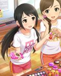  2girls artist_request black_hair blush brown_eyes clothes_writing earrings english etou_misaki_(idolmaster) green_eyes gym_shirt gym_shorts idolmaster idolmaster_cinderella_girls jewelry multiple_girls nakano_yuka official_art shirt shorts side_ponytail smile solo twintails 