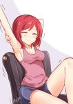  1girl :&lt; armpits artist_name blush breasts closed_eyes collarbone love_live!_school_idol_project mmrailgun nishikino_maki red_eyes redhead short_hair shorts sideboob sitting sleeveless solo stretch tank_top 