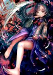  1girl absurdres barefoot bow bowtie dress highres jacket kishin_sagume long_sleeves open_clothes organ_derwald petals purple_dress red_eyes shirt short_hair silver_hair single_wing solo touhou wings 