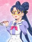  1girl alternate_hair_length alternate_hairstyle artist_request blue_hair brown_eyes cosplay eyelashes glasses go!_princess_precure gradient gradient_background hair_ornament hair_ribbon happy looking_at_viewer mask nanase_yui open_mouth precure ribbon school_uniform smile solo tagme twilight_(go!_princess_precure) twilight_(go!_princess_precure)_(cosplay) 
