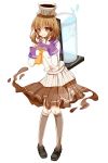  1girl brown_eyes brown_hair coffee_maker_(object) dissolving_clothes food_as_clothes kaden_shoujo kneehighs object_on_head official_art personification pigeon-toed school_uniform serafuku solo 