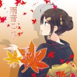  1girl black_hair blue_eyes commentary_request hair_bun hair_ornament japanese_clothes kantai_collection kimono leaf shigure_(kantai_collection) short_hair side_view solo yukichi_(eikichi) 