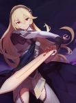  1girl breastplate cloak cowboy_shot detached_sleeves elbow_gloves fighting_stance fire_emblem fire_emblem_if gem gloves hair_between_eyes hairband long_hair my_unit_(fire_emblem_if) red_eyes reverse_grip small_breasts solo sword thigh-highs truc_bui weapon 