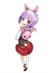  1girl alternate_costume alternate_hair_length alternate_hairstyle animal_ears backpack bag bunny_tail extra_ears from_behind full_body hair_bobbles hair_ornament kneehighs kyon_(fuuran) lavender_hair long_sleeves looking_at_viewer looking_back low_twintails miniskirt rabbit_ears red_eyes reisen_udongein_inaba school_uniform shirt shoes short_hair simple_background skirt solo tail touhou twintails vest white_background white_legwear younger 