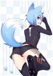  ! 1girl animal_ears ass black_shirt black_shorts blue_eyes blue_hair boots character_request checkered checkered_background commentary_request footprints fox_ears fox_tail from_behind hair_over_face highres io_(pso2) looking_back muryou phantasy_star phantasy_star_online_2 round_teeth shirt shoes short_hair short_shorts shorts solo striped striped_background tail thigh-highs thigh_boots 