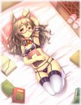  1girl animal_ears bare_shoulders bed blush book breasts brown_hair from_above garter_belt garter_straps gogatsu_no_renkyuu long_hair looking_at_viewer lying navel on_bed open_book open_mouth original panties red_eyes slippers solo thigh-highs underwear underwear_only white_legwear 