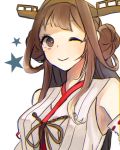  1girl brown_eyes brown_hair double_bun hairband highres japanese_clothes kantai_collection kongou_(kantai_collection) long_hair nontraditional_miko one_eye_closed smile solo upper_body usakoke 