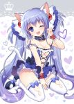 1girl ;d animal_ears bare_shoulders blue_eyes blue_hair blush bow breasts cat_ears cleavage collar hair_ornament hair_ribbon heart high_heels highres large_breasts long_hair looking_at_viewer mauve one_eye_closed open_mouth original ribbon sitting smile solo thigh-highs twintails underwear very_long_hair wariza white_legwear wrist_cuffs 