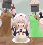  3girls apron beret cake food fuse gloves hair_ornament harusame_(kantai_collection) hat kantai_collection multiple_girls noyomidx plate puffy_sleeves tagme tearing_up welding_mask yura_(kantai_collection) yuudachi_(kantai_collection) 