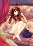  1girl barefoot brown_hair cat couch hand_on_leg highres knees_up legs_together looking_at_viewer open_mouth original panties pantyshot pillow severus sitting solo underwear upskirt yellow_eyes 