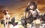  2girls absurdres arms_behind_back artist_request ass breasts brown_hair cleavage clouds gloves highres kantai_collection large_breasts long_hair multiple_girls mutsu_(kantai_collection) nagato_(kantai_collection) no_bra panties short_hair turret underwear weapon 