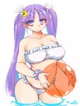  1girl ball beachball bikini breasts crescent frilled_bikini frills large_breasts long_hair looking_at_viewer parted_lips partially_submerged patchouli_knowledge purple_hair signature simple_background solo swimsuit tajima_yuuki touhou twintails very_long_hair violet_eyes white_background 