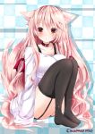  1girl animal_ears black_legwear blonde_hair breasts brown_eyes cat_ears collar collarbone garter_straps large_breasts long_hair long_sleeves looking_at_viewer naked_shirt nanase_nao original shirt sitting solo thigh-highs very_long_hair 