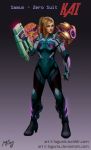  1girl arm_cannon blonde_hair blue_eyes bodysuit clenched_hand commentary fusion hair_ornament hairclip long_hair metroid ming-yin_wong neon_trim nose pauldrons ponytail power_suit samus_aran small_breasts solo weapon zero_suit 