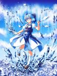  1girl blue_dress blue_eyes blue_hair bow cirno dress dress_shirt full_body hair_bow highres ice ice_crystal ice_wings kneehighs mary_janes nsio puffy_short_sleeves puffy_sleeves red_ribbon ribbon shirt shoes short_hair short_sleeves smile solo touhou wings 