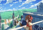  1girl balcony banner blue_eyes blue_sky brown_hair buckle building capelet clock clock_tower clouds cobblestone frilled_sleeves frills hair_ribbon hat layered_clothing long_sleeves lucena_winter open_mouth original railing red_hat ribbon short_hair side_ponytail sky smile solo tower town yuuhagi_(amaretto-no-natsu) 