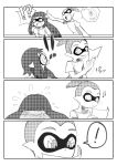  ! !! !? 1boy 1girl beamed_semiquavers blush comic domino_mask highres inkling long_hair mask monochrome musical_note octarian open_mouth pointing pointy_ears sayo25 short_hair silent_comic sitting smile splatoon standing surprised topknot translated 