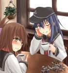  2girls akatsuki_(kantai_collection) blush brown_eyes brown_hair coffee cream cup elbow_rest flat_cap folded_ponytail hat head_rest inazuma_(kantai_collection) kantai_collection long_hair looking_at_viewer multiple_girls neckerchief one_eye_closed purple_hair sailor_collar school_uniform serafuku smile sugar takemitsu-zamurai violet_eyes 