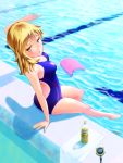  1girl arm_support barefoot blonde_hair bottle competition_swimsuit highres kickboard legs long_hair looking_back one-piece_swimsuit original pool poolside shadow sitting solo swimsuit water water_bottle yellow_eyes 