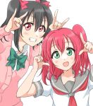  2girls :d \n/ black_hair bow cardigan commentary_request double_\n/ green_eyes grin hair_bow kurosawa_ruby love_live! love_live!_school_idol_project love_live!_sunshine!! multiple_girls open_mouth otonokizaka_school_uniform red_eyes redhead school_uniform serafuku smile tetopetesone twintails uranohoshi_school_uniform yazawa_nico 