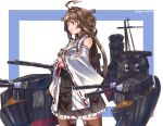 1girl bare_shoulders boots breasts brown_hair crossed_arms detached_sleeves double_bun hairband headgear japanese_clothes kantai_collection killing-inthe-name kongou_(kantai_collection) long_hair nontraditional_miko remodel_(kantai_collection) skirt smile standing thigh-highs thigh_boots 