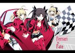 3girls ;d ahoge ass belt black_hair black_short_shorts black_shorts blonde_hair blue_eyes bow breasts checkered checkered_flag eyebrows eyebrows_visible_through_hair eyes fate/extra fate/stay_night fate_(series) ferrari green_eyes hair_bow jacket kon_manatsu legs legs_together midriff multiple_girls navel one_eye_closed one_eye_open open_mouth ponytail racequeen red_thigh_boots red_thighhighs saber saber_extra short_shorts shorts smile thigh-highs thigh_boots thigh_gap thighs tohsaka_rin toosaka_rin two_side_up white_thigh_boots white_thighhighs wink