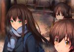  3girls bag blurry breath brown_eyes brown_hair coat depth_of_field erere green_eyes honda_mio idolmaster idolmaster_cinderella_girls long_hair multiple_girls open_mouth scarf school_bag shibuya_rin shimamura_uzuki short_hair side_ponytail smile 