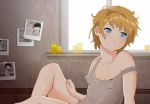  1girl blue_eyes character_request copyright_request highres ichigo_milku medicine_bottle messy_hair photo_(object) pill polaroid short_hair small_breasts solo strap_slip window 