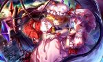  2girls ascot bat bat_wings blonde_hair clock clock_tower dress flandre_scarlet hat hat_ribbon looking_at_viewer mob_cap multiple_girls night pink_dress puffy_short_sleeves puffy_sleeves purple_hair red_eyes remilia_scarlet ribbon scarlet_devil_mansion shirt short_sleeves siblings sisters skirt skirt_set touhou tower uu_uu_zan vest wings wrist_cuffs 